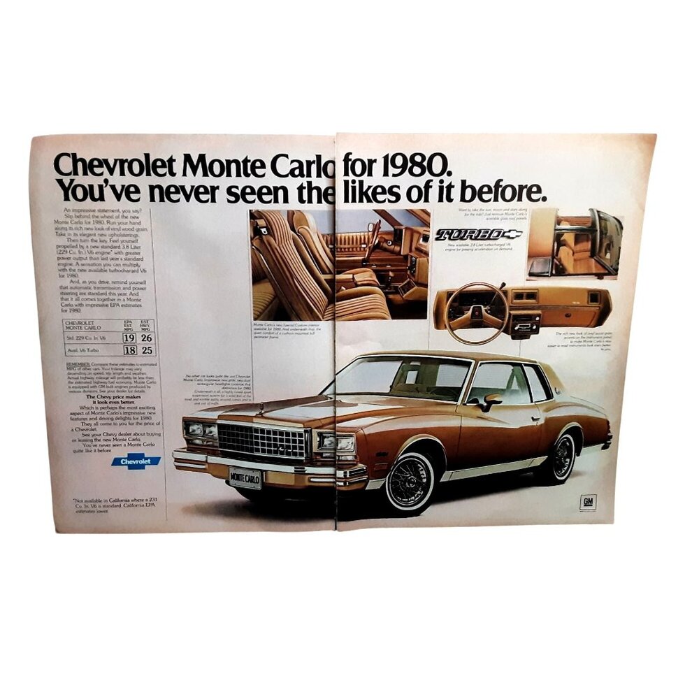 1979 1980 Chevrolet Monte Carlo Vintage Print Ad Two Page Auto